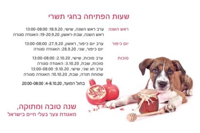 שעות הפתיחה בחגי תשרי - אגודת צער בעלי חיים בישראל